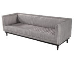 Modern grey upholstered sofa with vertical channel tufting, angular track arms, and slim black tapered legs for support.