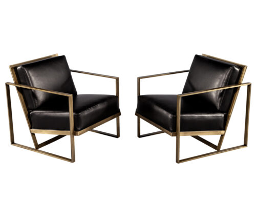 Pair of Custom Black Leather Lounge Chairs with Antiqued Brass Metal Frames