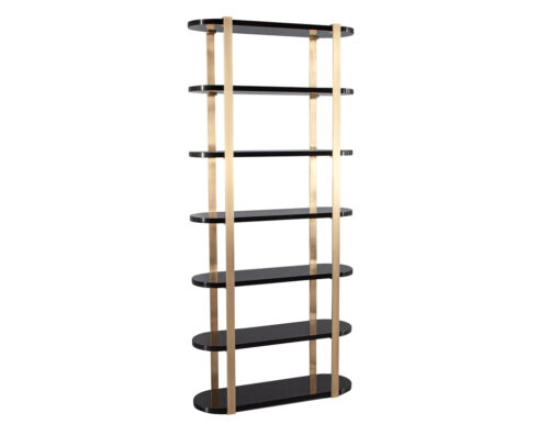 Modern Bookcase Cabinet in Brass and Black Lacquer