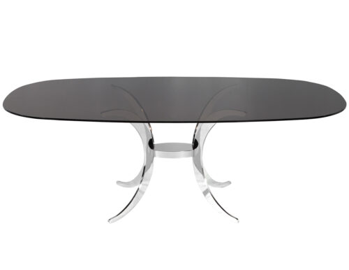 Vintage Modern Dining Table with Sculpted Metal Base Table and Smoked Glass Top