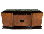 Antique Art Deco buffet cabinet with a marble top and wood detailing, perfect for storage in any dining or living room.