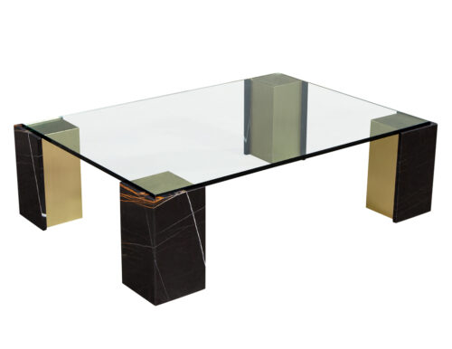 Modern Glass Top Coffee Table with Marble and Brass by Carrocel