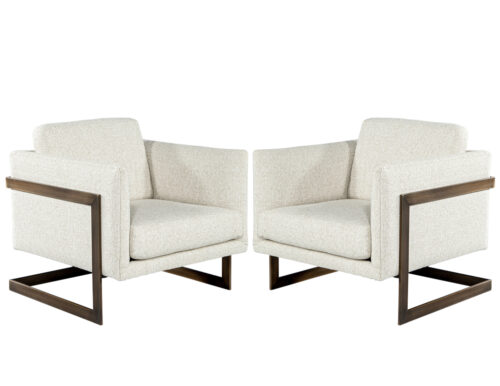 Pair of Custom Linen Lounge Chairs with Antiqued Brass Frames by Carrocel