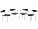Set of four stylish chrome accent chairs for sale, featuring contemporary design and black leather seating.