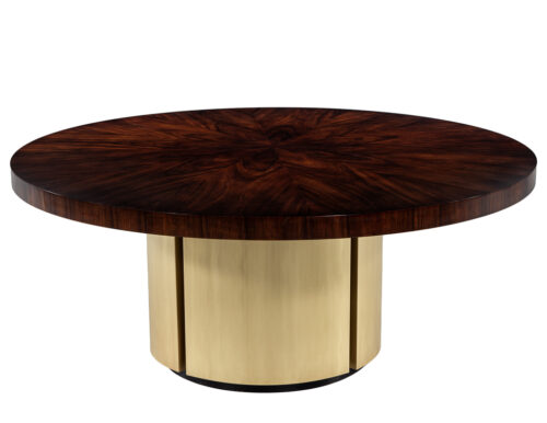 Custom Modern Round Dining Table in Sunburst Pattern and Brass Base