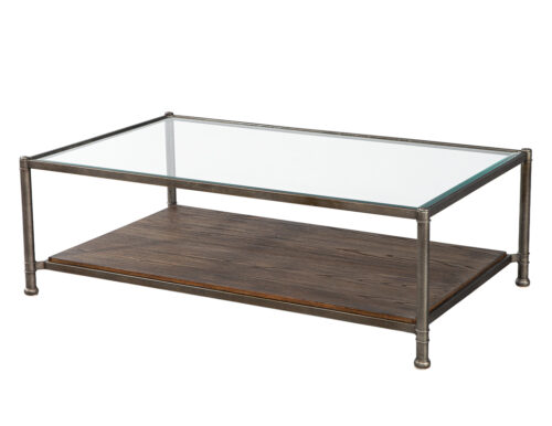 Transitional Industrial 2 Tier Metal Coffee Table with Oak Base